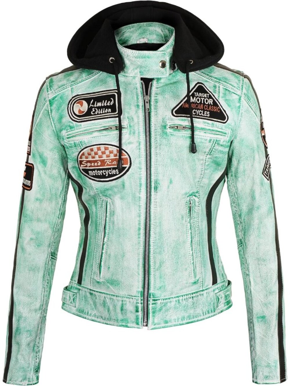 Women’s Mint Green Vintage Moto Biker Jacket Removable Hood Retro Patch Leather